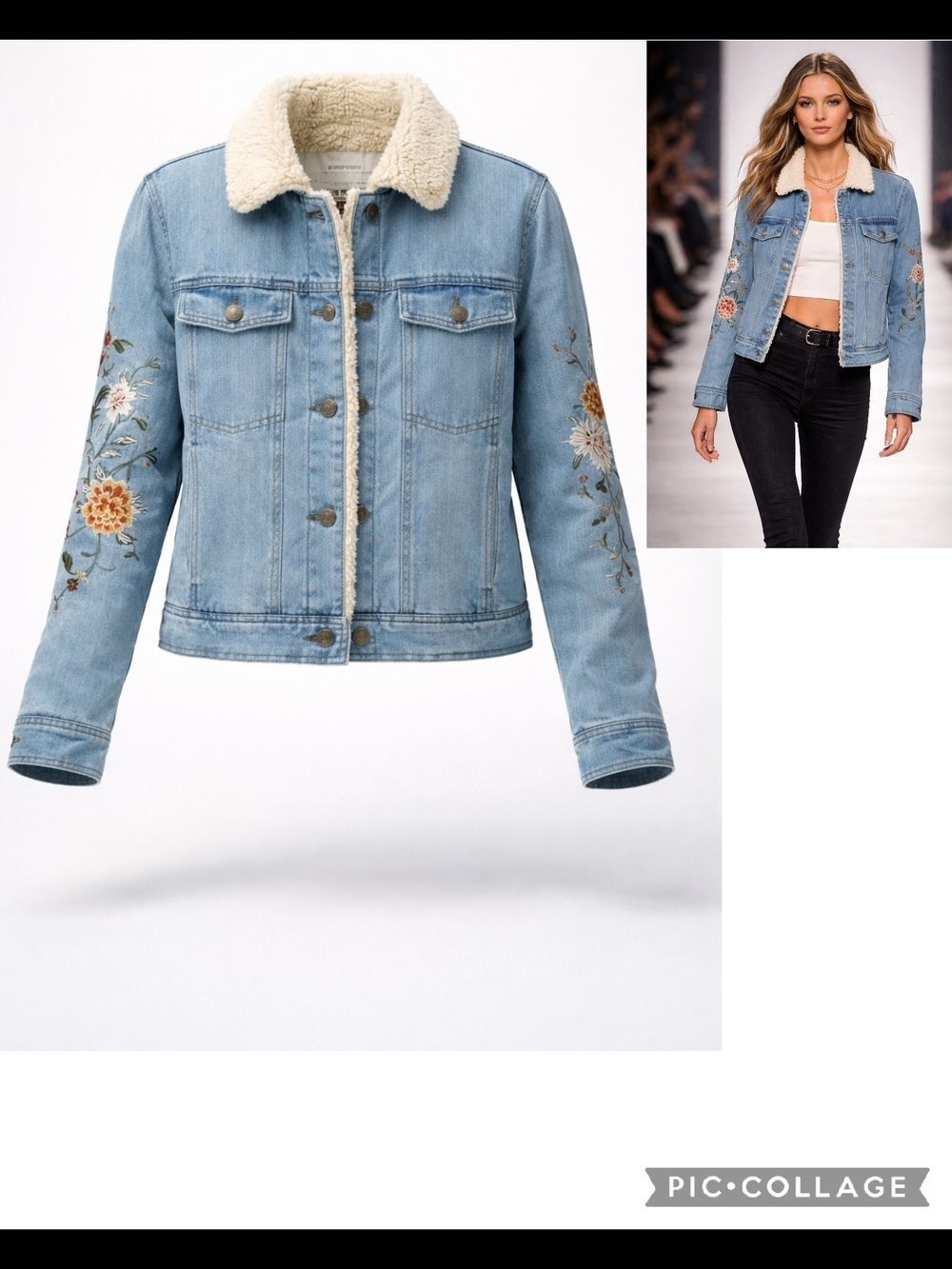 cupcakes & cashmere Light Blue Denim Sherpa Collar Jacket with Floral Embroidery